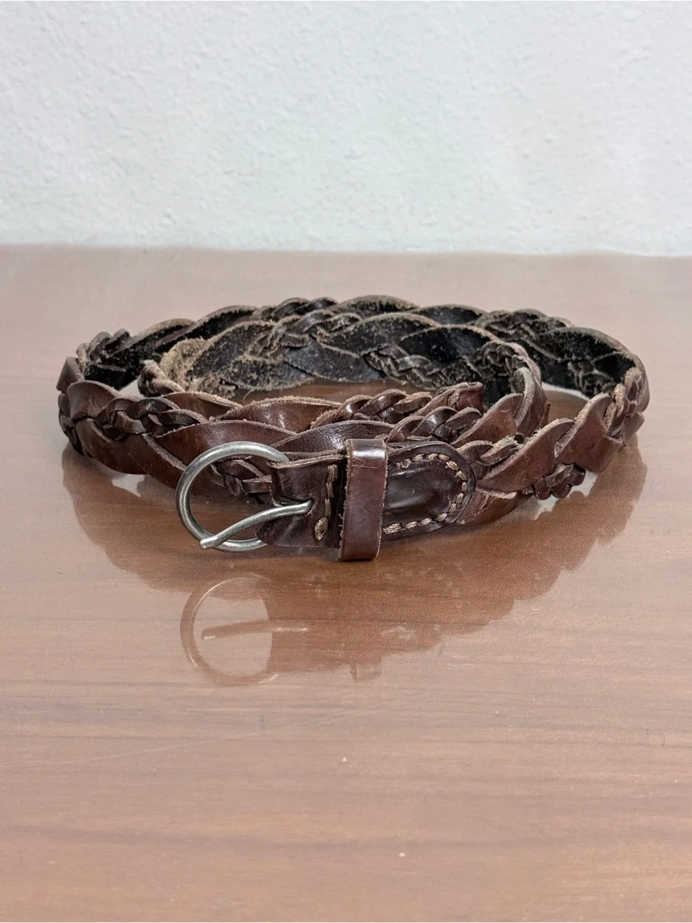 Abercrombie & Fitch Men’s Braided Brown Leather Belt Silver Buckle M/L